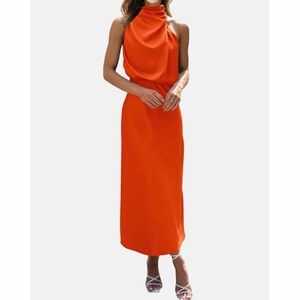 Orange Sleeveless Halter Dress Women's Large Mock Neck Wedding Cocktail Maxi